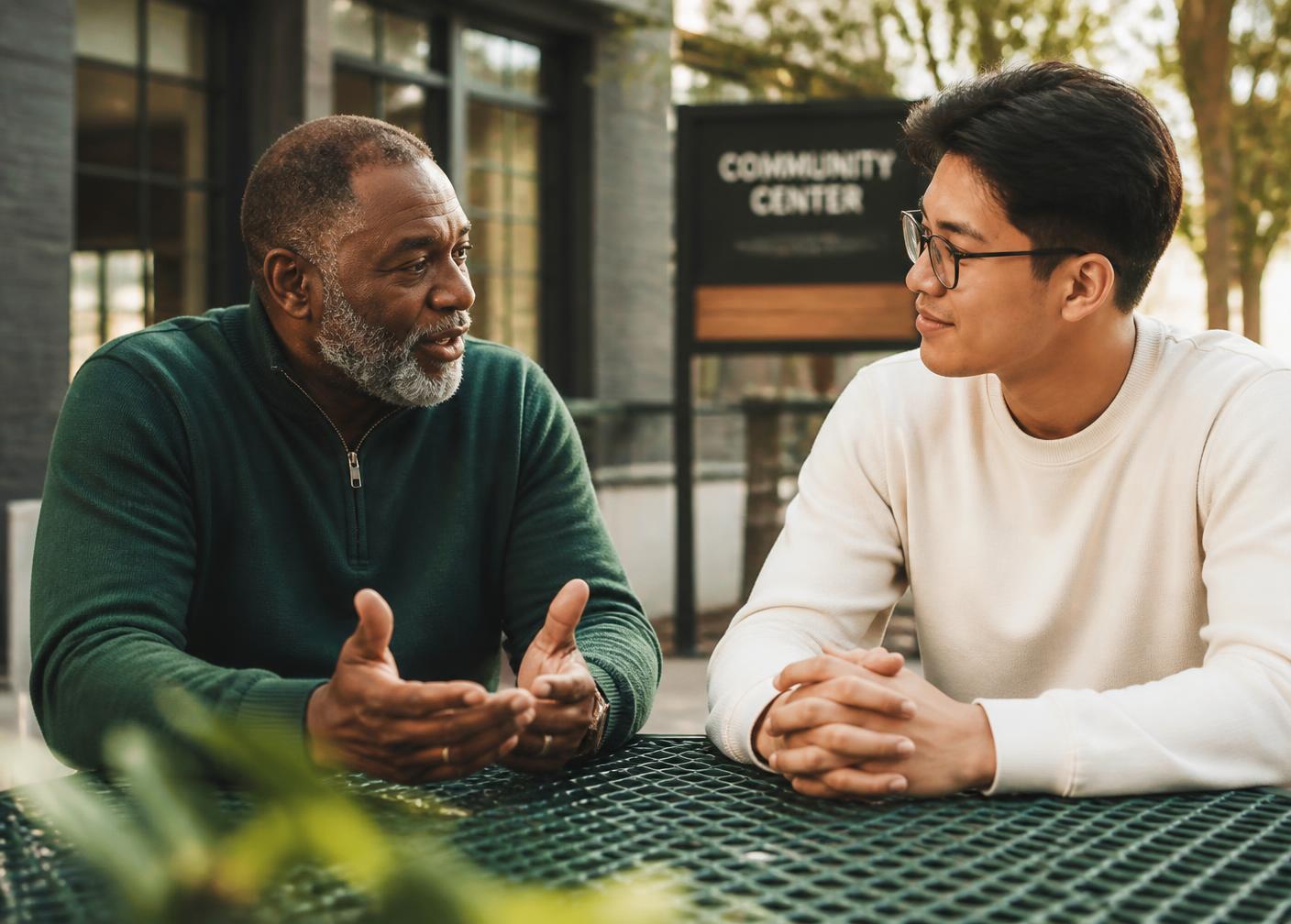 An older mentor in conversation with a young man outdoors at a community center